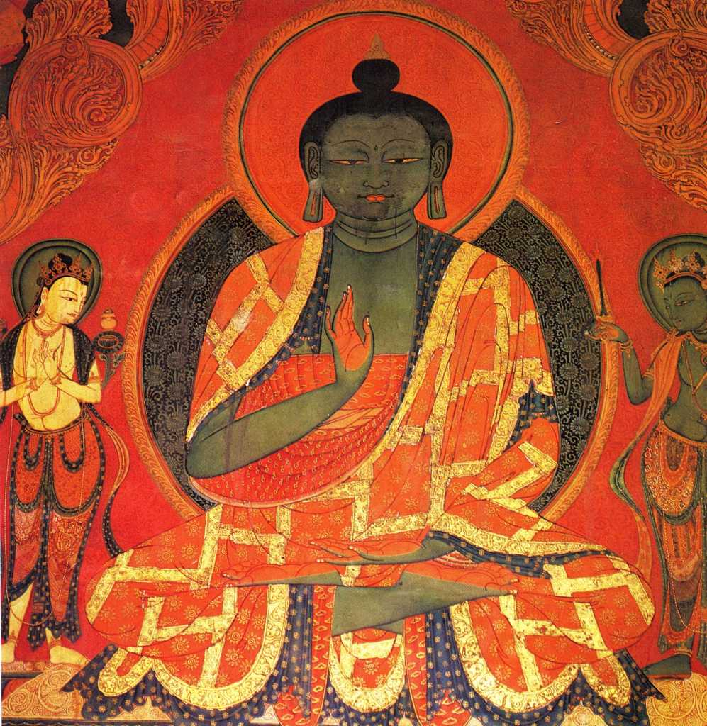Tibet Guge 07 Tsaparang Red Temple 05 Amoghasiddhi On the walls large frescoes follow one another reproducing the gods of medicine together with other deities. - Giuseppe Tucci: The Temples of Western Tibet and their Artistic Symbolism (1935). Photo of Amoghasiddhi: Weyer/Aschoff: Tsaparang, Tibets Grosses Geheimnis.